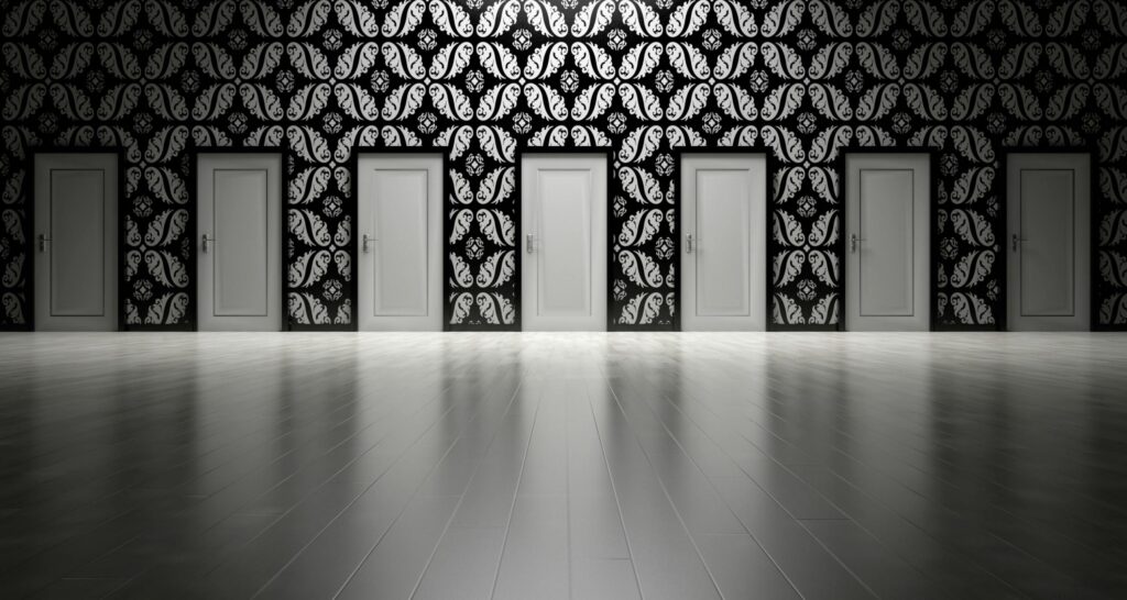 Five closed doors in a black and white ornate hallway symbolizing opportunities and decisions.